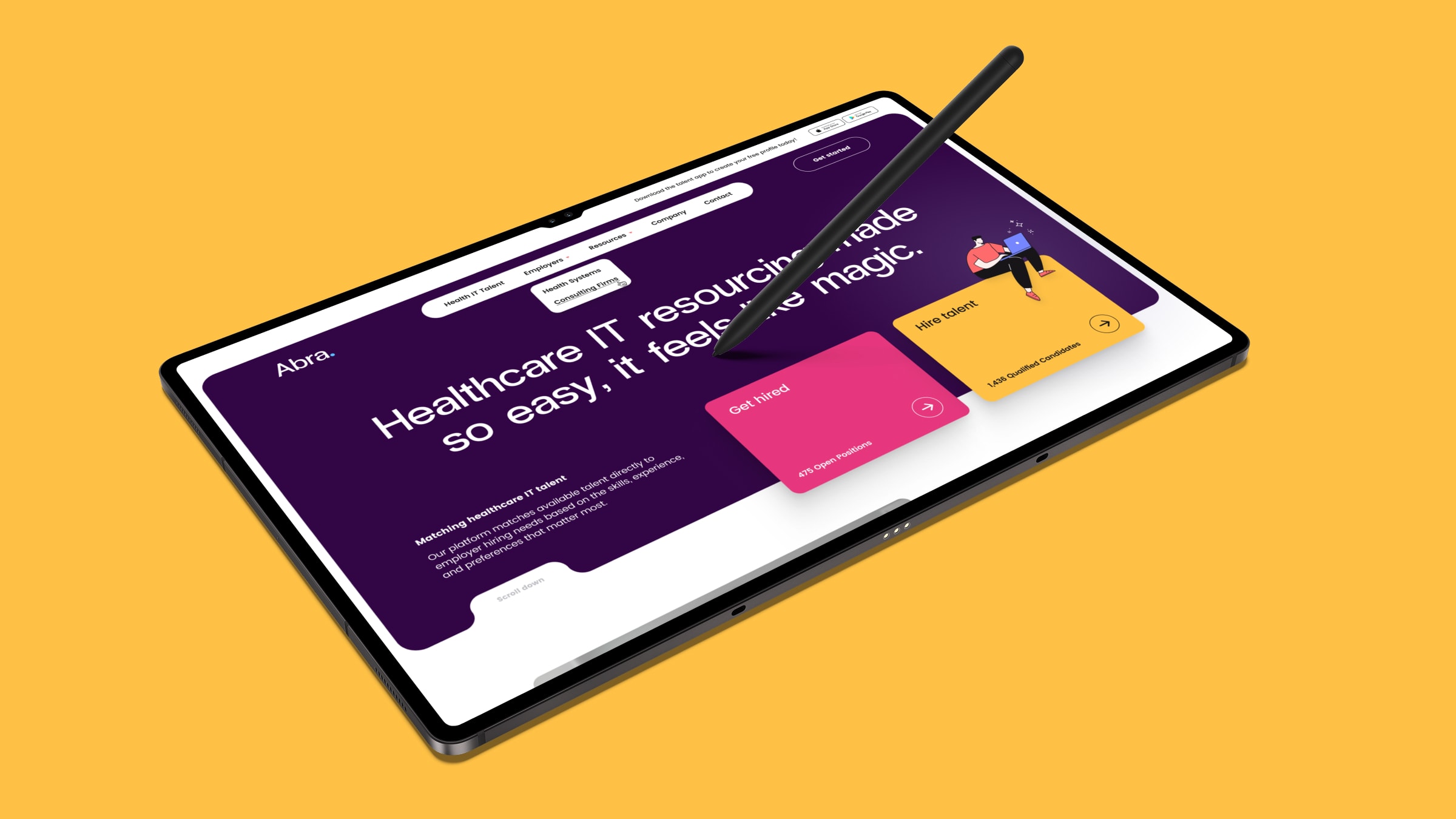 Abra.io homepage on iPad with stylus on yellow background