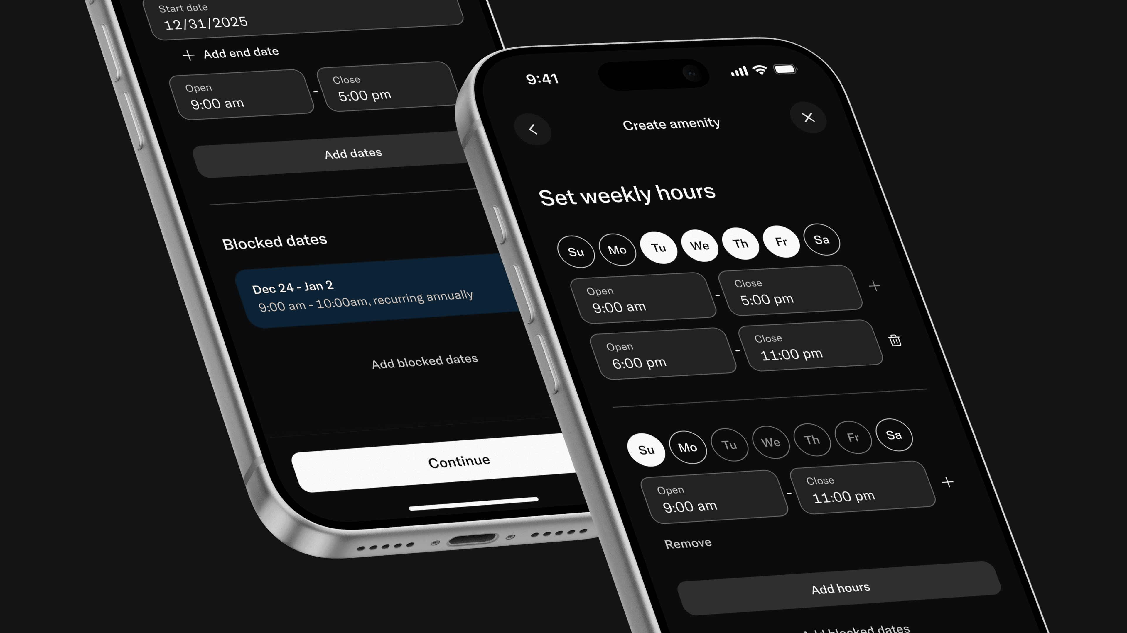 Bilt Merchant Portal: two iPhones showing Create amenity weekly hours and blocked dates on dark background