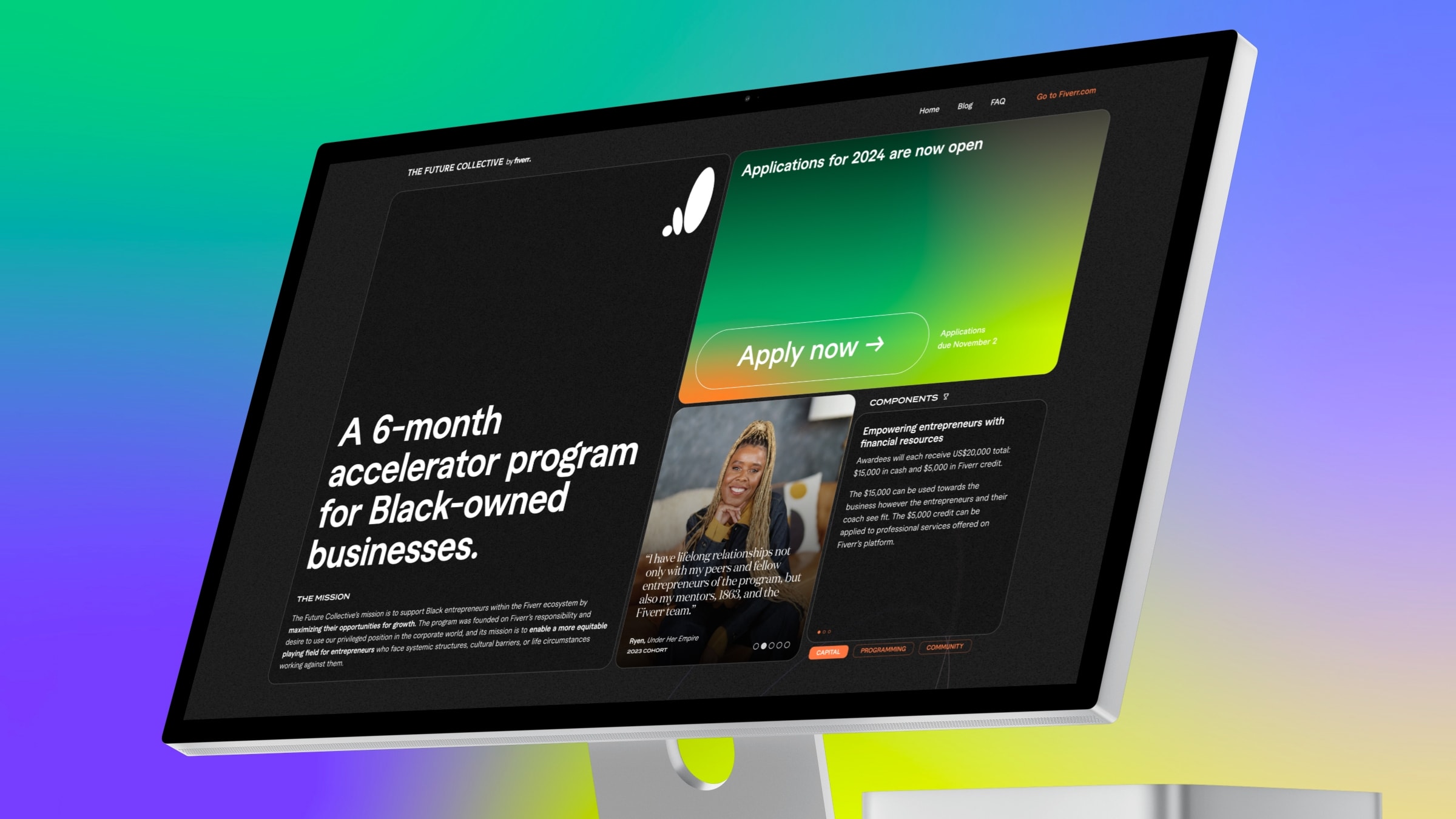 The Future Collective site: mission headline, gradient Apply card, cohort testimonial portrait, and Capital / Programming / Community controls
