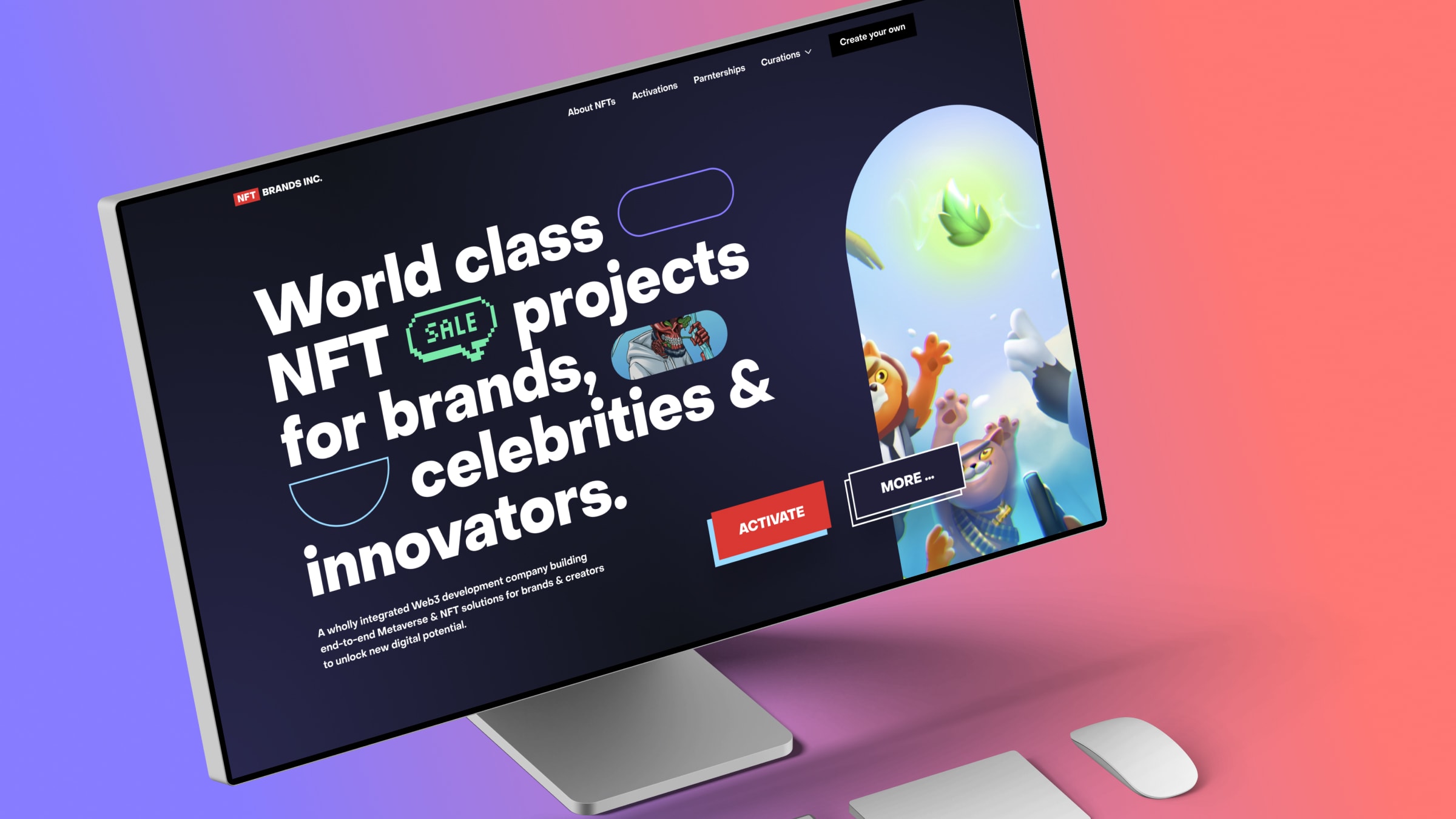 NFT Brands Inc. website hero on iMac against a purple-pink gradient