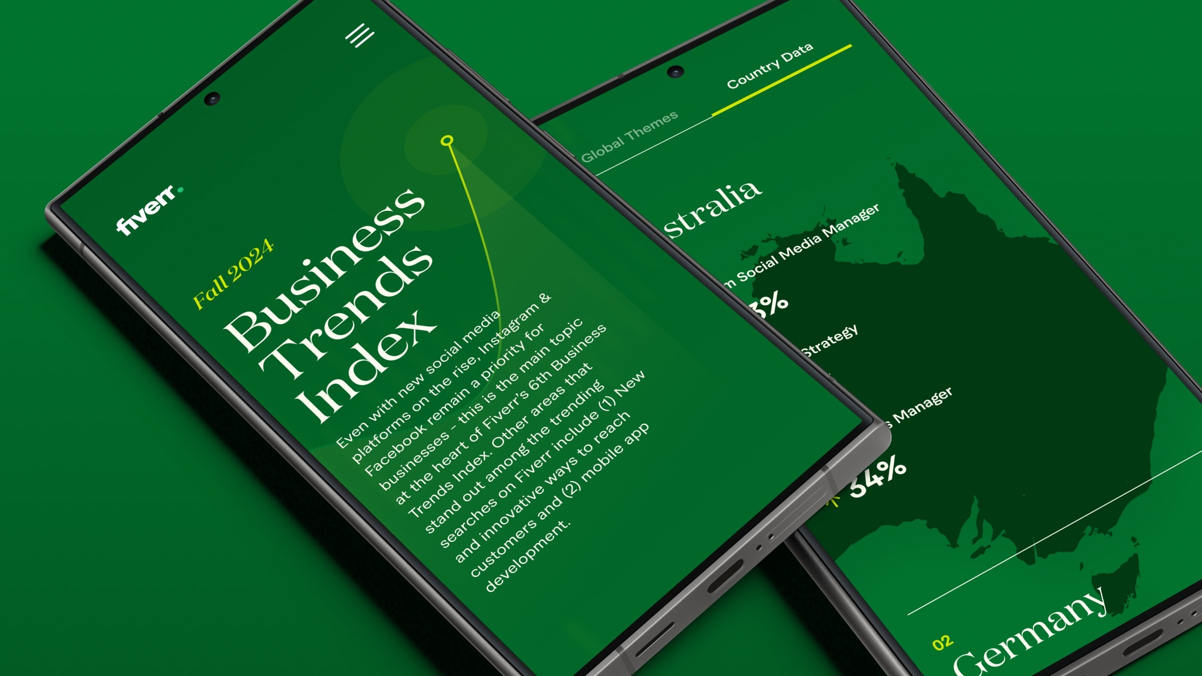 Two phones on deep green: Fall 2024 Business Trends Index landing with Fiverr mark, lime accent line, and Country Data screen with Australia map and stats