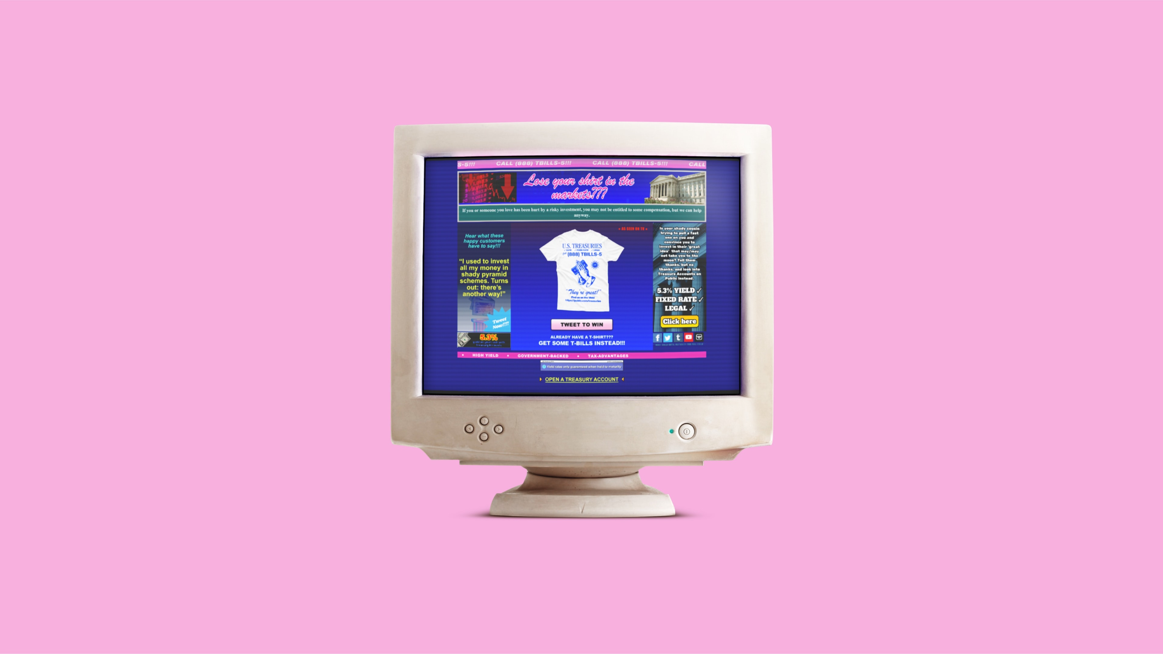 Public 888-TBILLS-5 treasuries campaign: retro web UI mockups and brand graphics