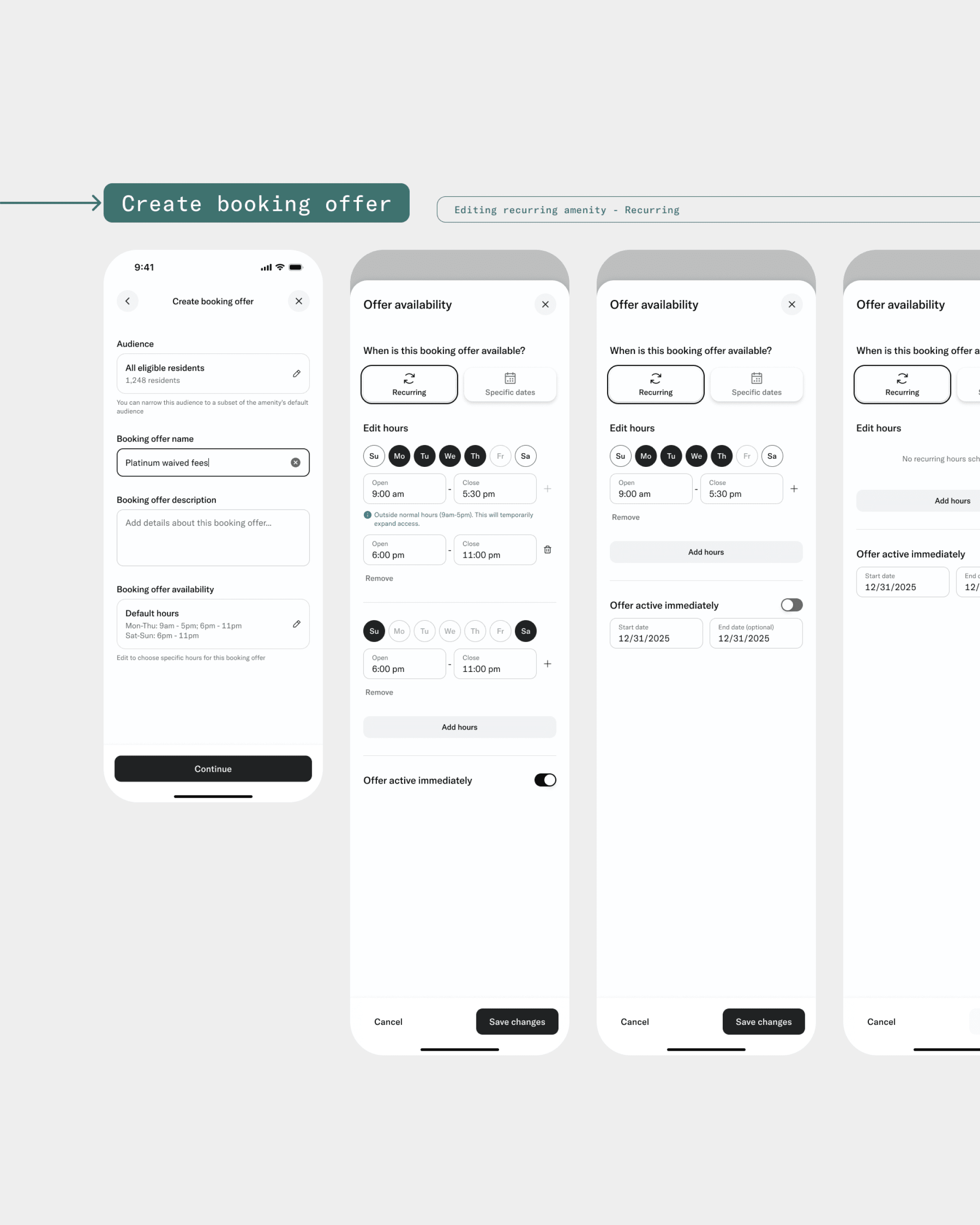 Create booking offer screens with audience, waived fees, and recurring offer availability