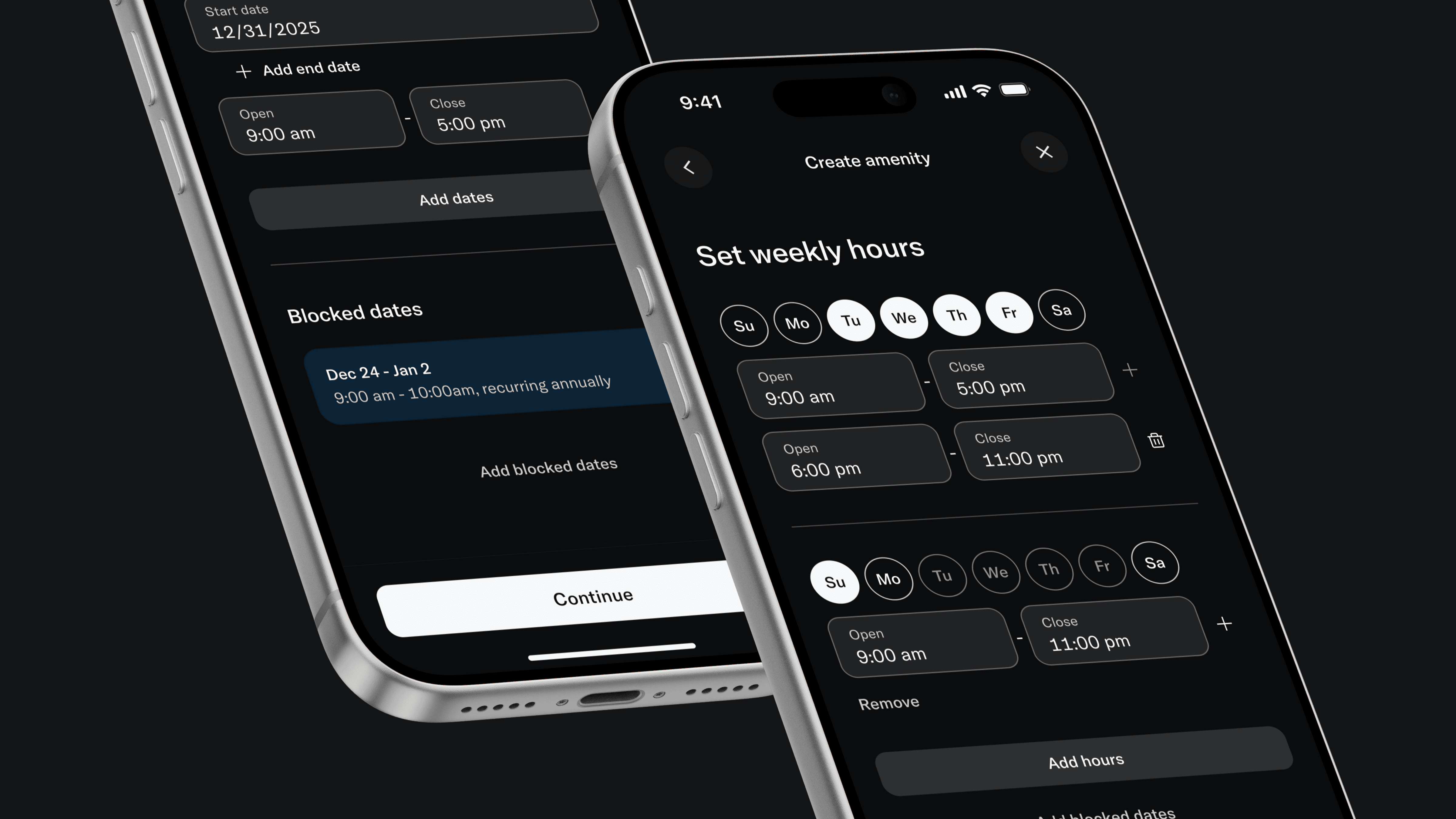 Create amenity flow with weekly hours, day selectors, time slots, and blocked dates