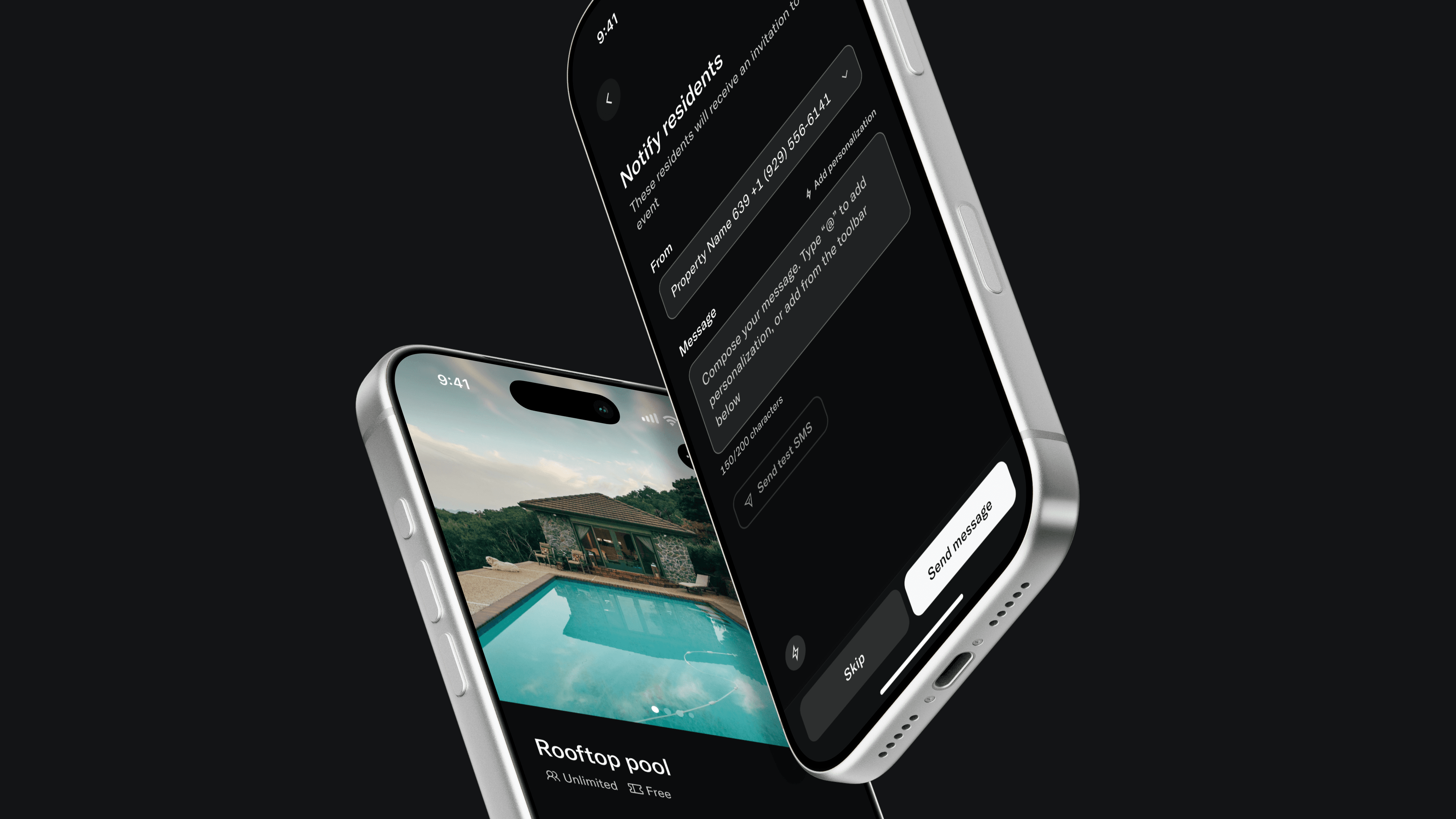 Rooftop pool amenity detail and resident notification composition