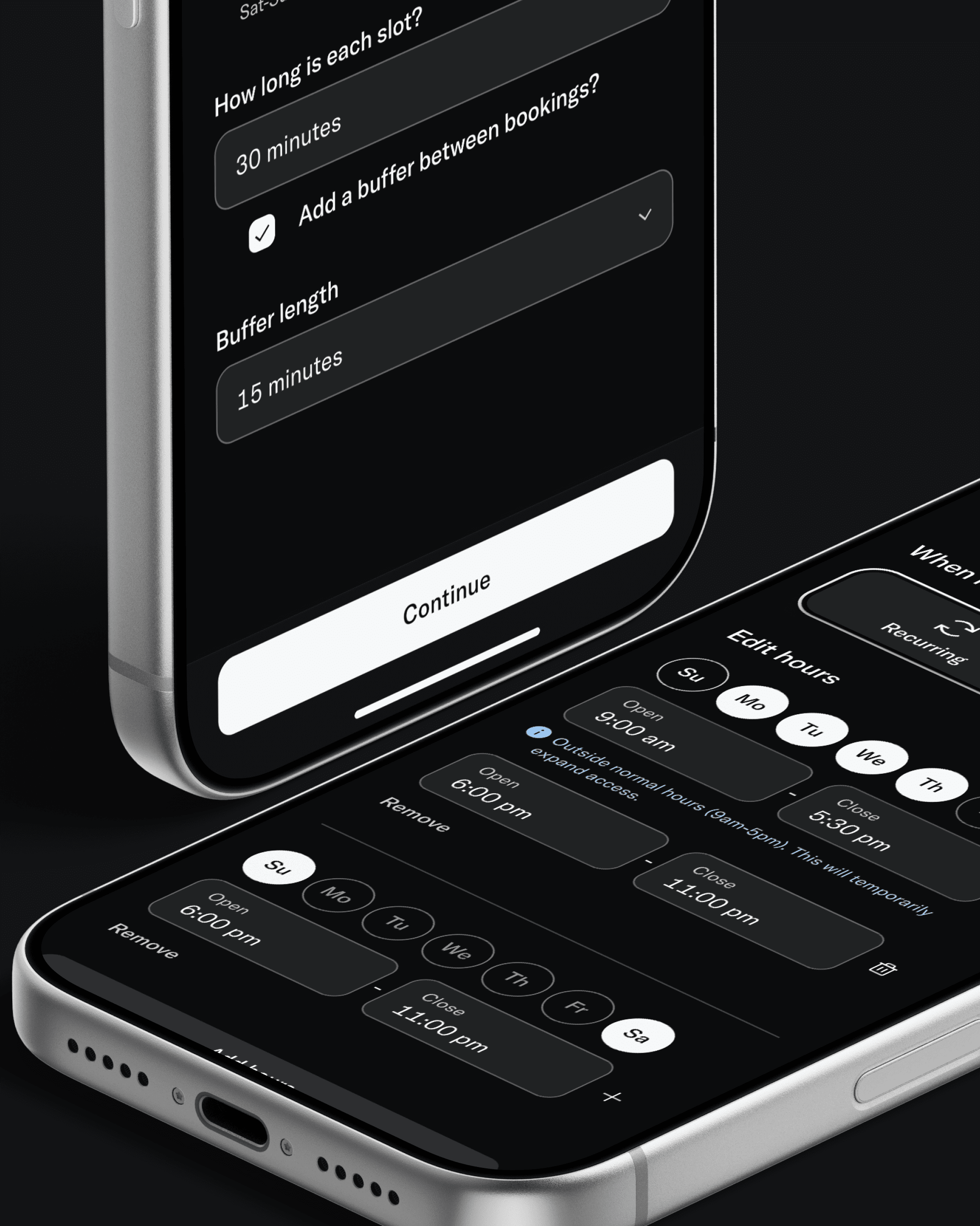 Slot duration, booking buffers, and weekend time ranges