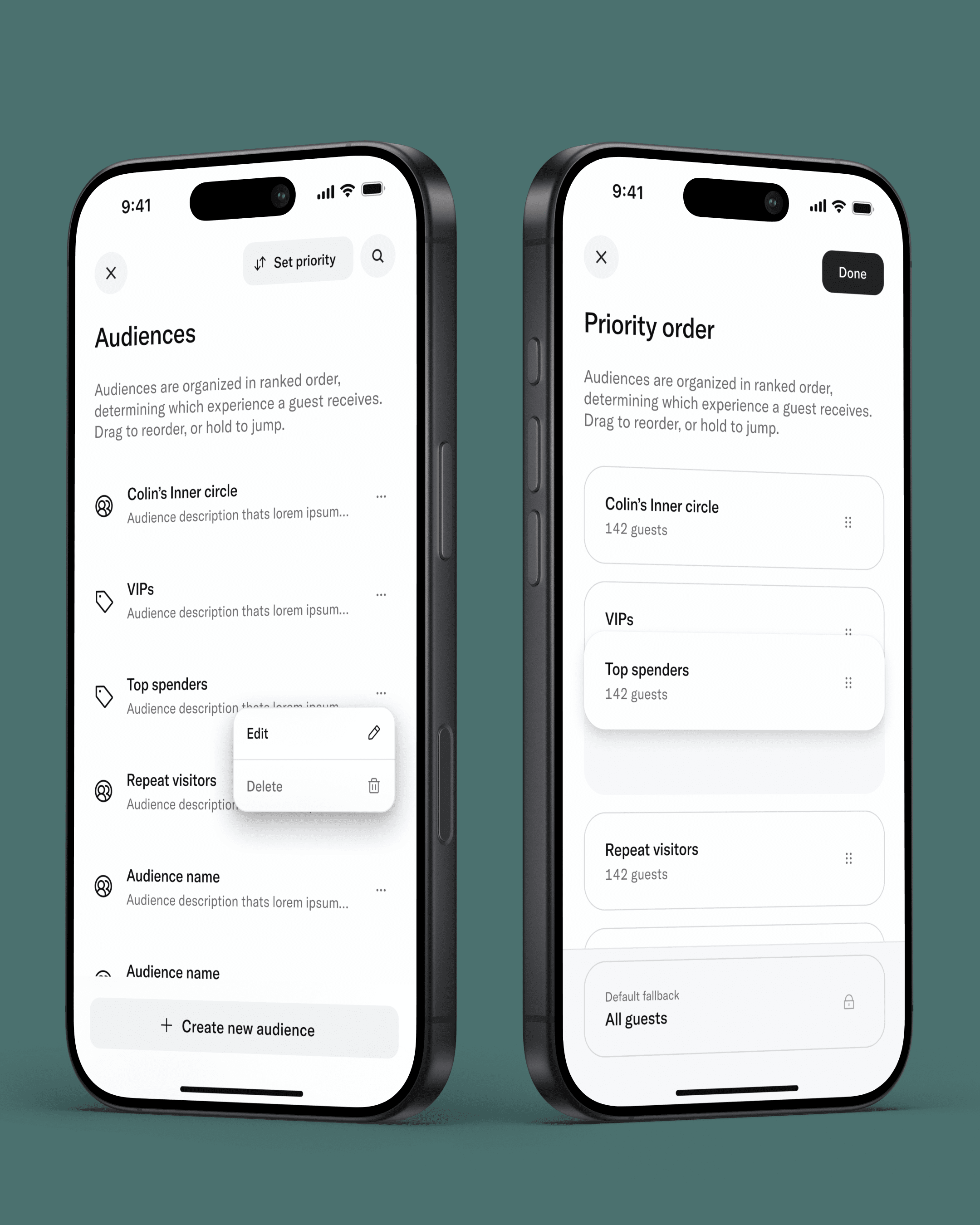 Saved audiences list and drag-to-reorder priority mode