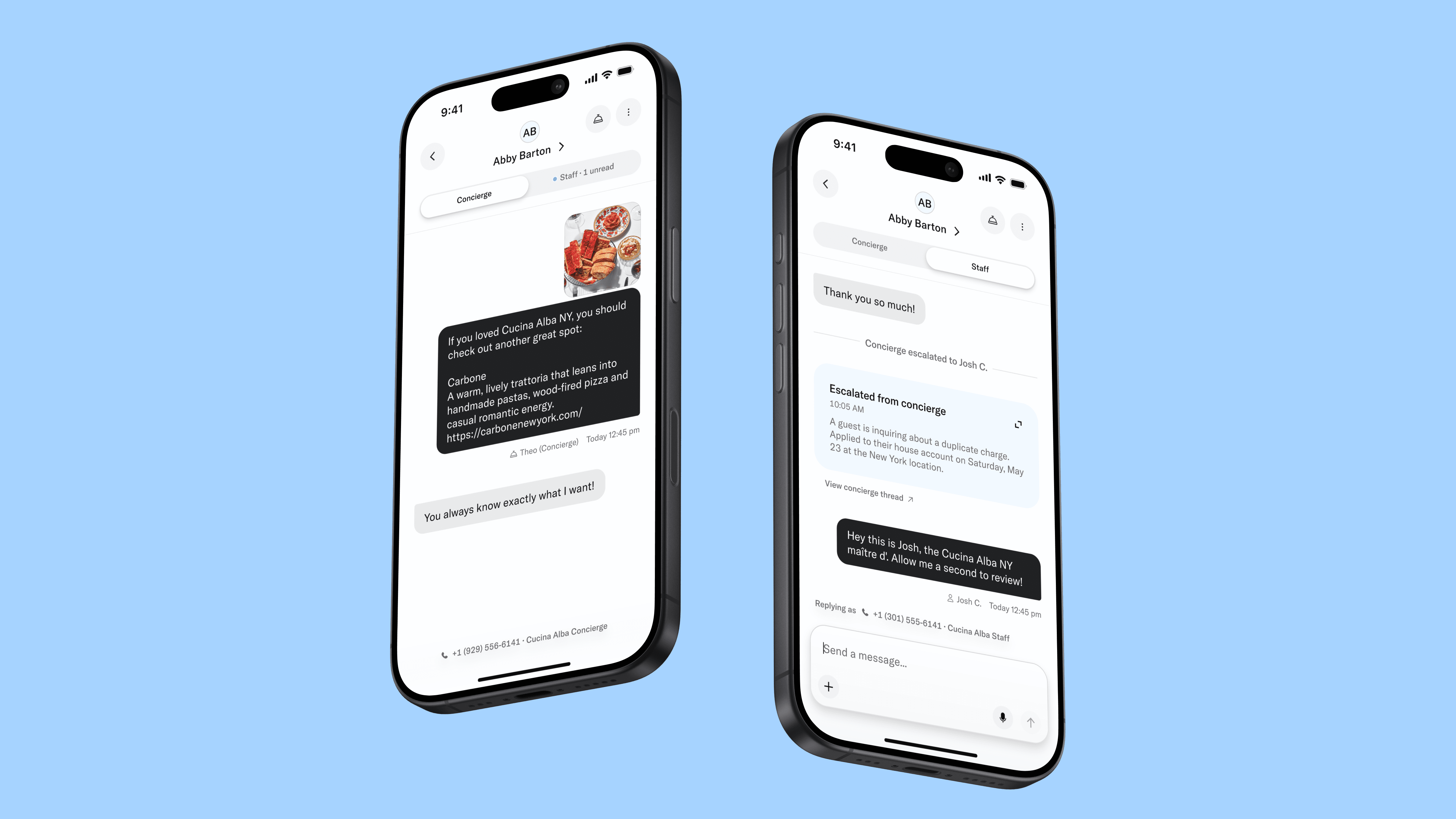 Concierge and Staff threads with recommendation and escalation summary