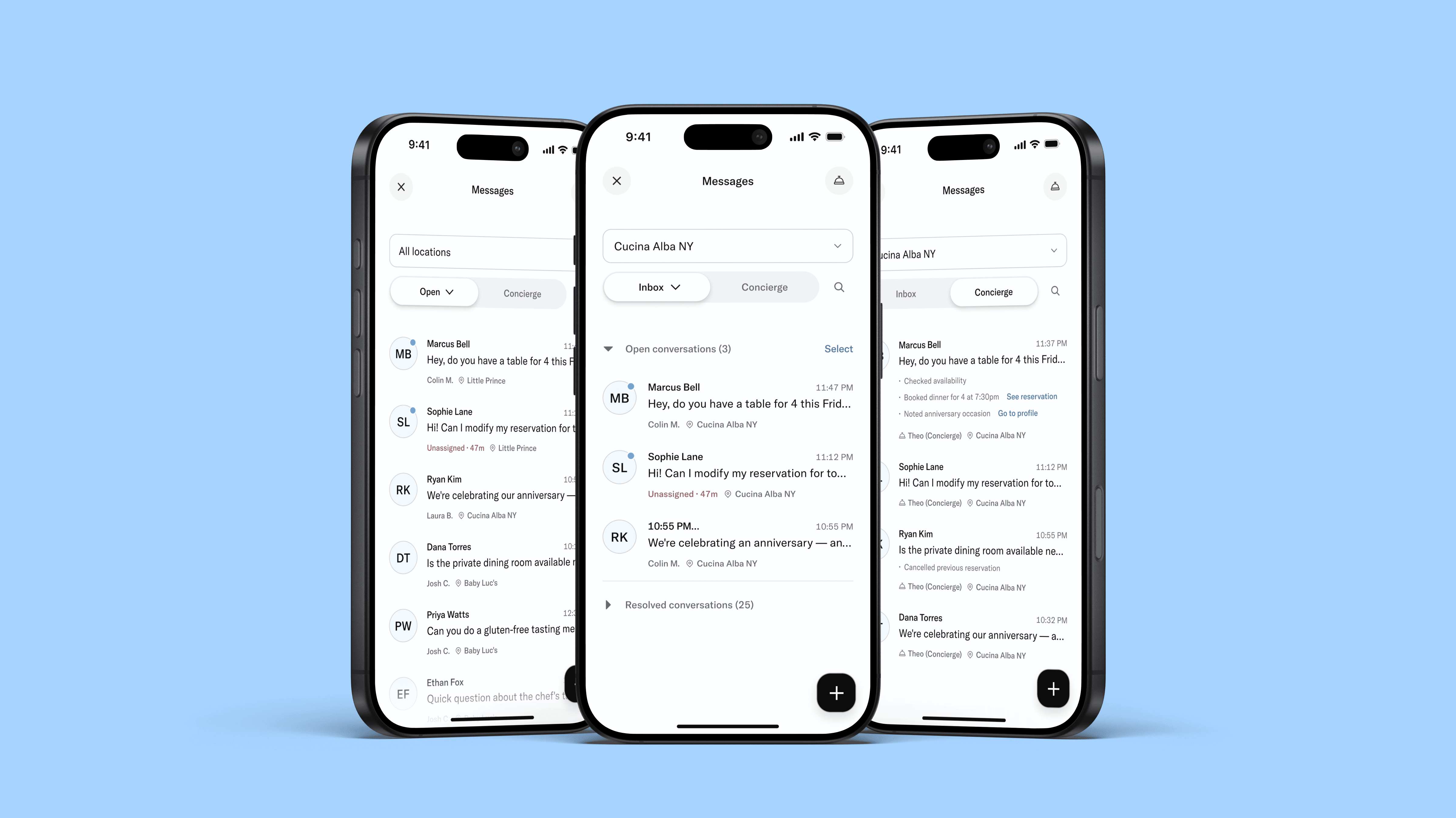 Messages inbox with Open and Concierge tabs, filters, and reservation actions