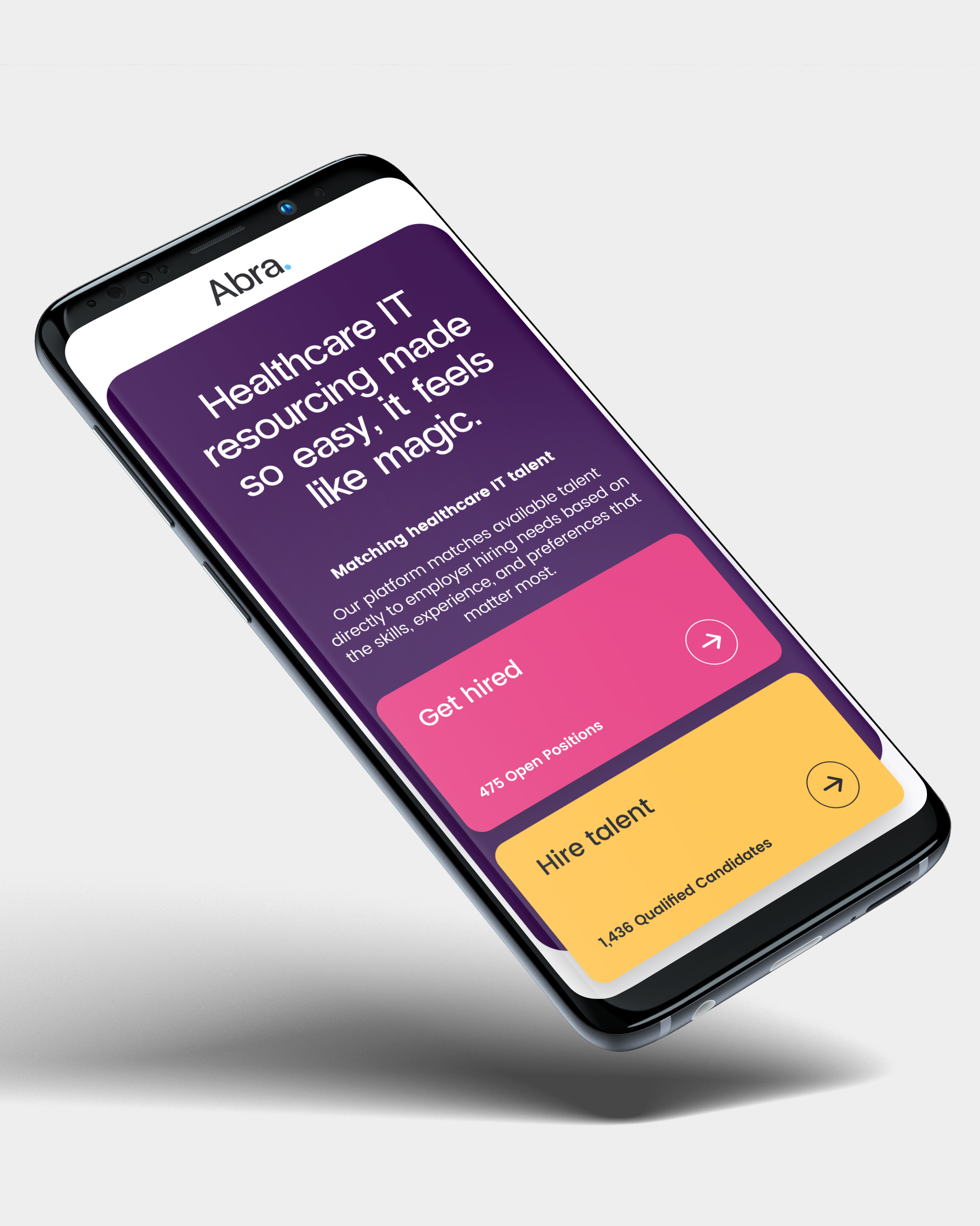 Abra.io mobile homepage on phone: purple hero with Get Hired and Hire Talent cards showing 475 open positions