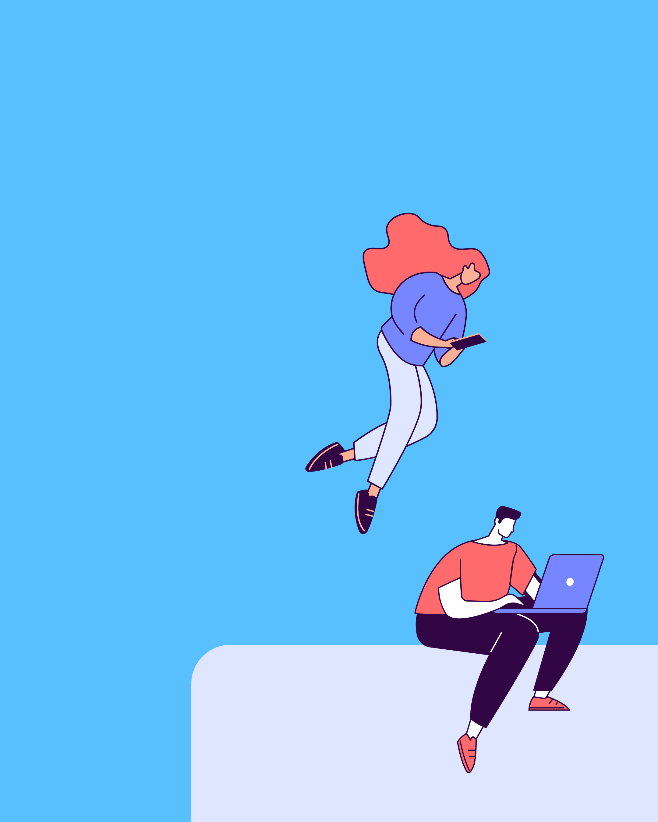 Abra brand illustration: woman floating with tablet and man on laptop on blue background