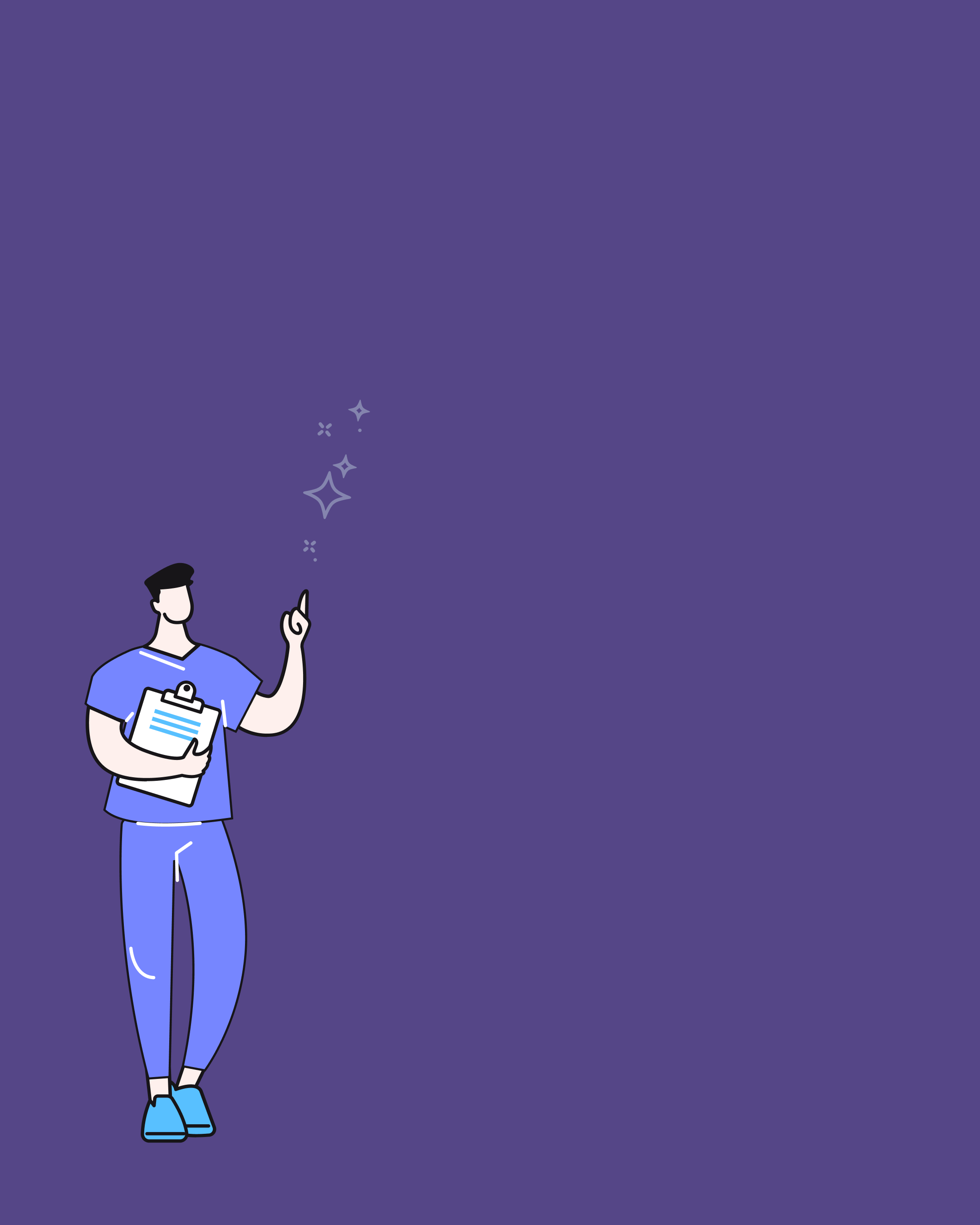 Abra brand illustration: healthcare worker with clipboard and sparkles on purple background