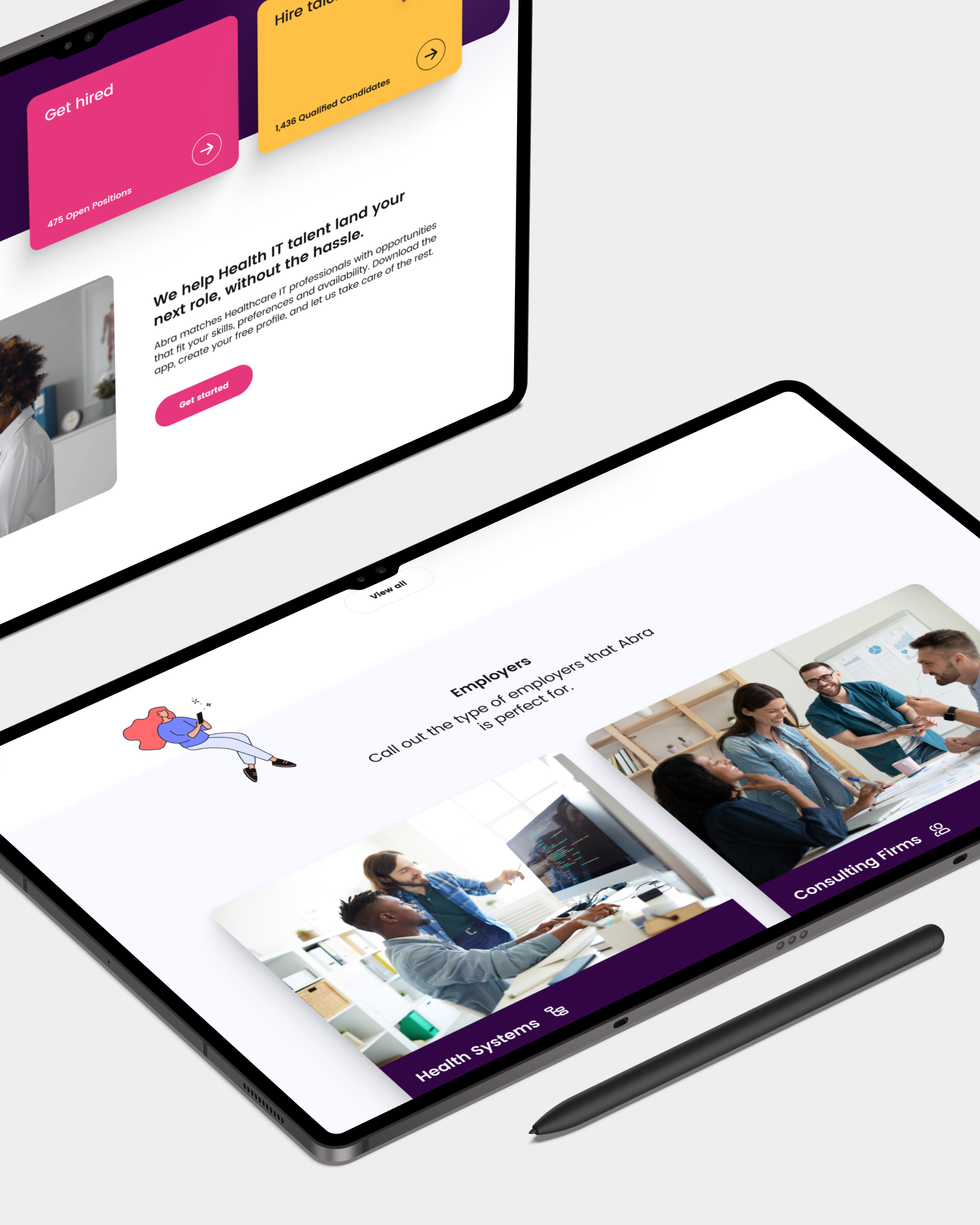 Abra.io inner pages on two iPads: talent onboarding and employer sections with illustrations