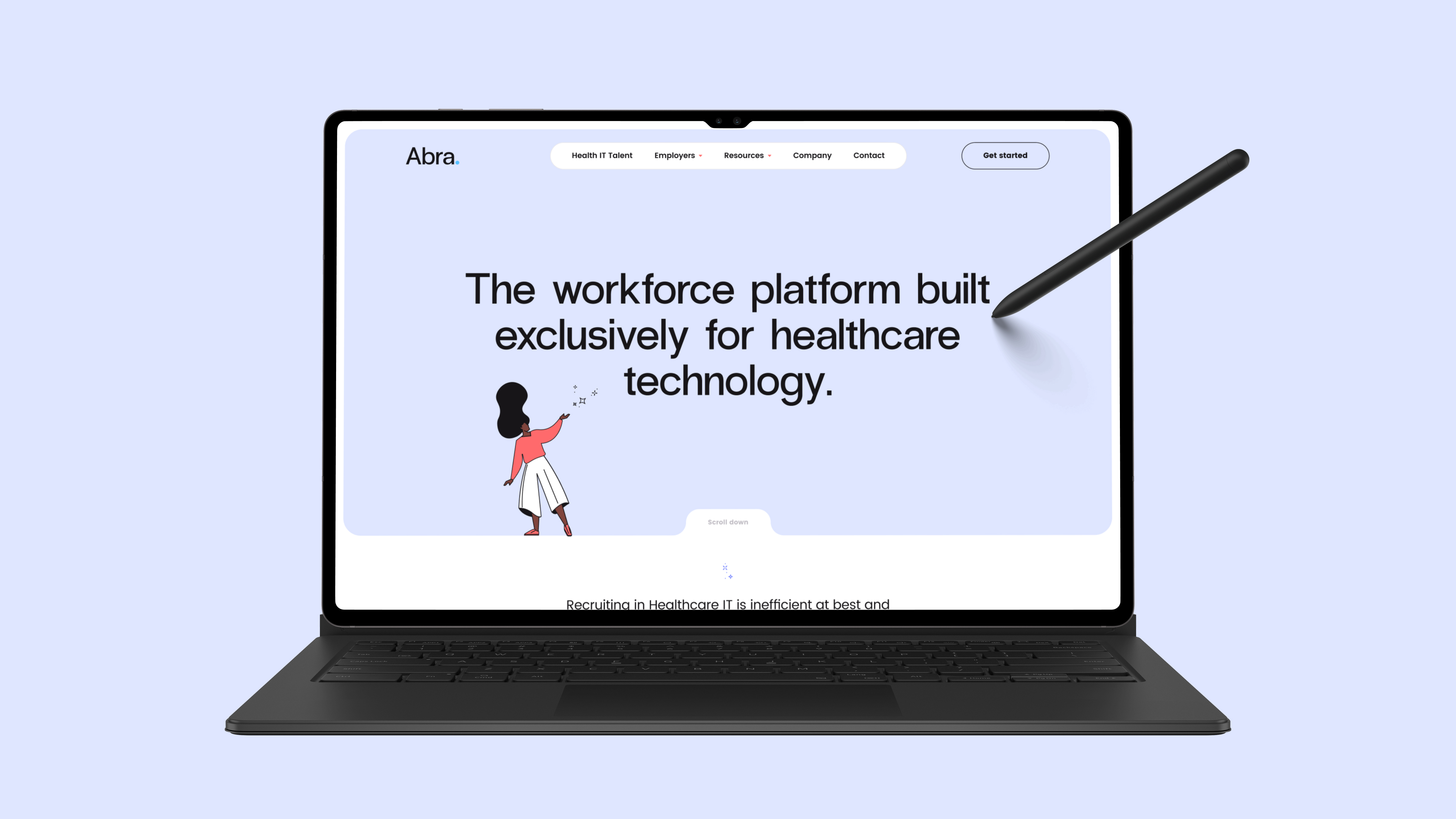 Abra.io workforce platform landing page on laptop: clean white design with illustration on lavender background