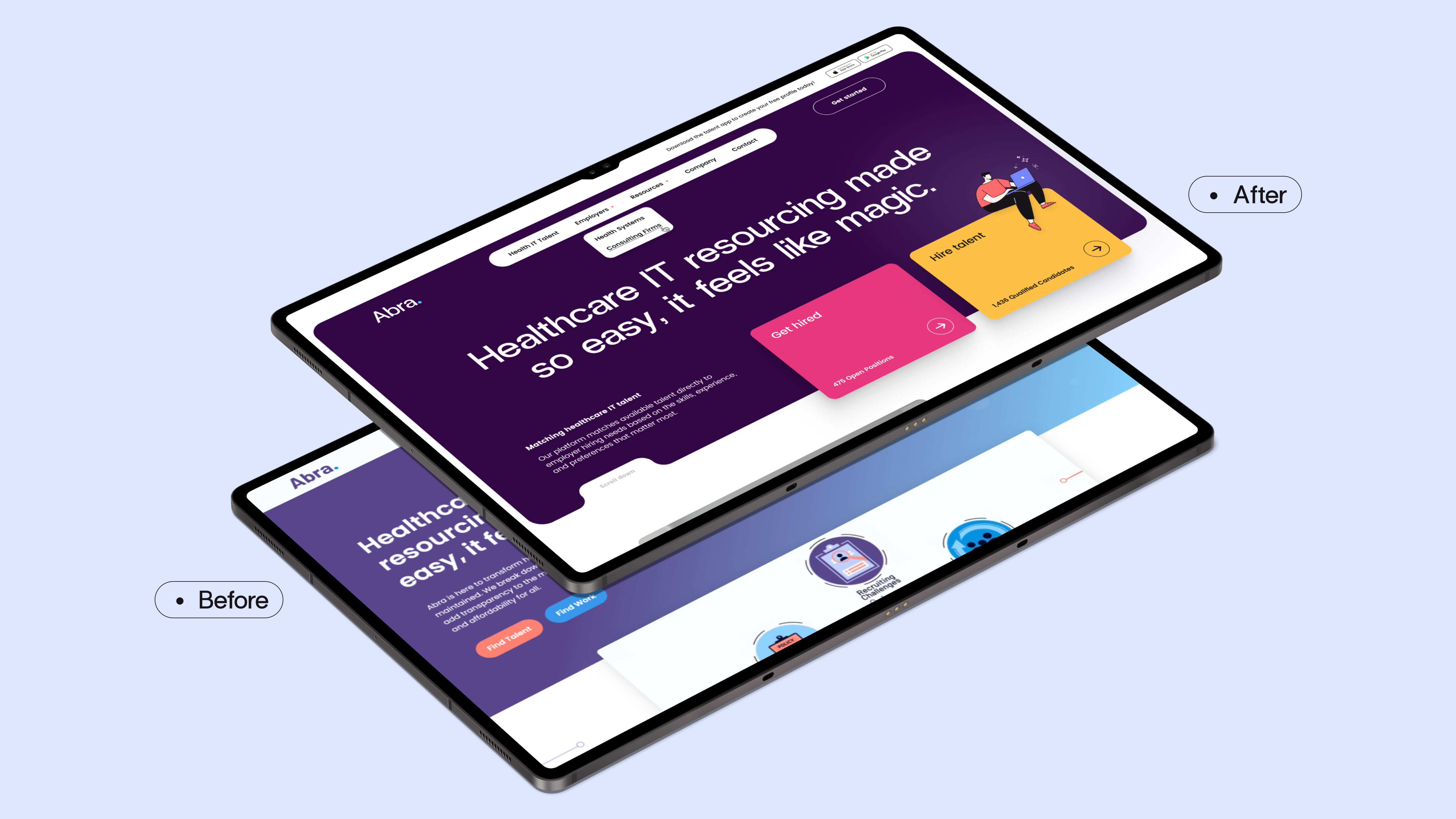Abra.io before and after comparison on two iPads: redesigned homepage with updated purple branding on lavender background