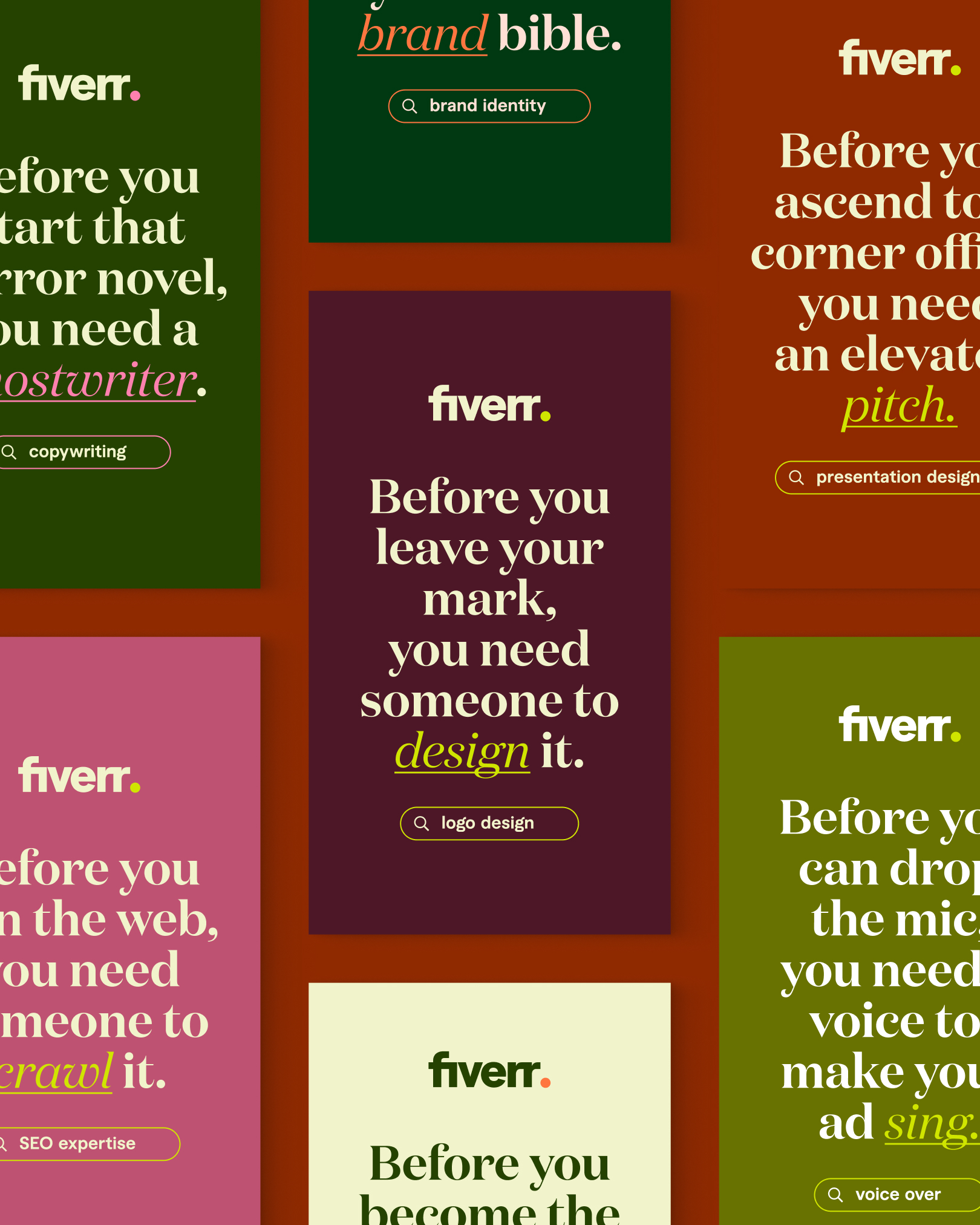 Grid of vertical Before you… posters on a rust-red field: ghostwriter, pitch, crawl, design, sing, and search-pill service keywords in serif and script type
