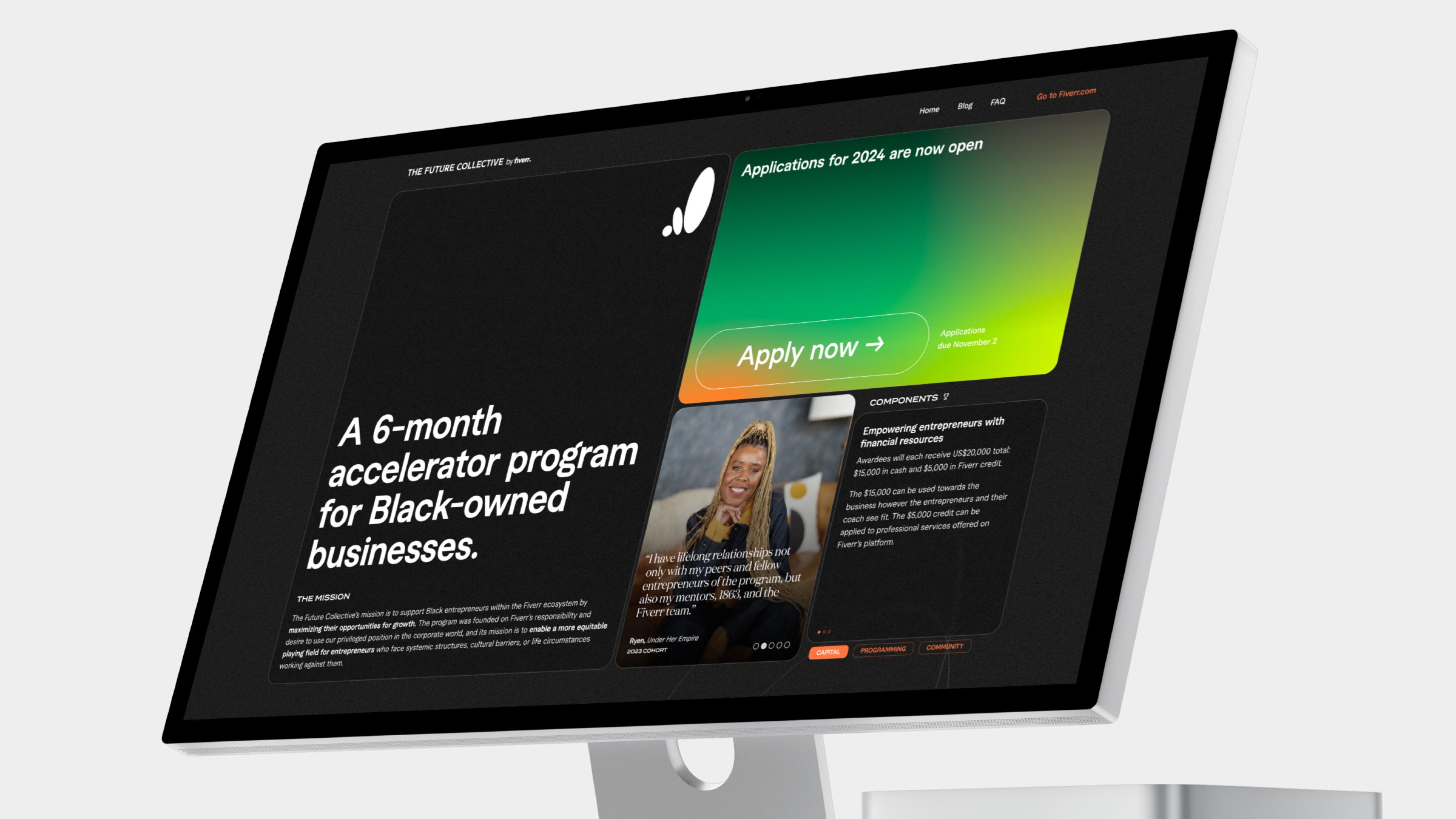 Future Collective homepage on a desktop monitor: dark bento grid with mission copy, green gradient Apply card, cohort testimonial, and Capital / Programming / Community controls