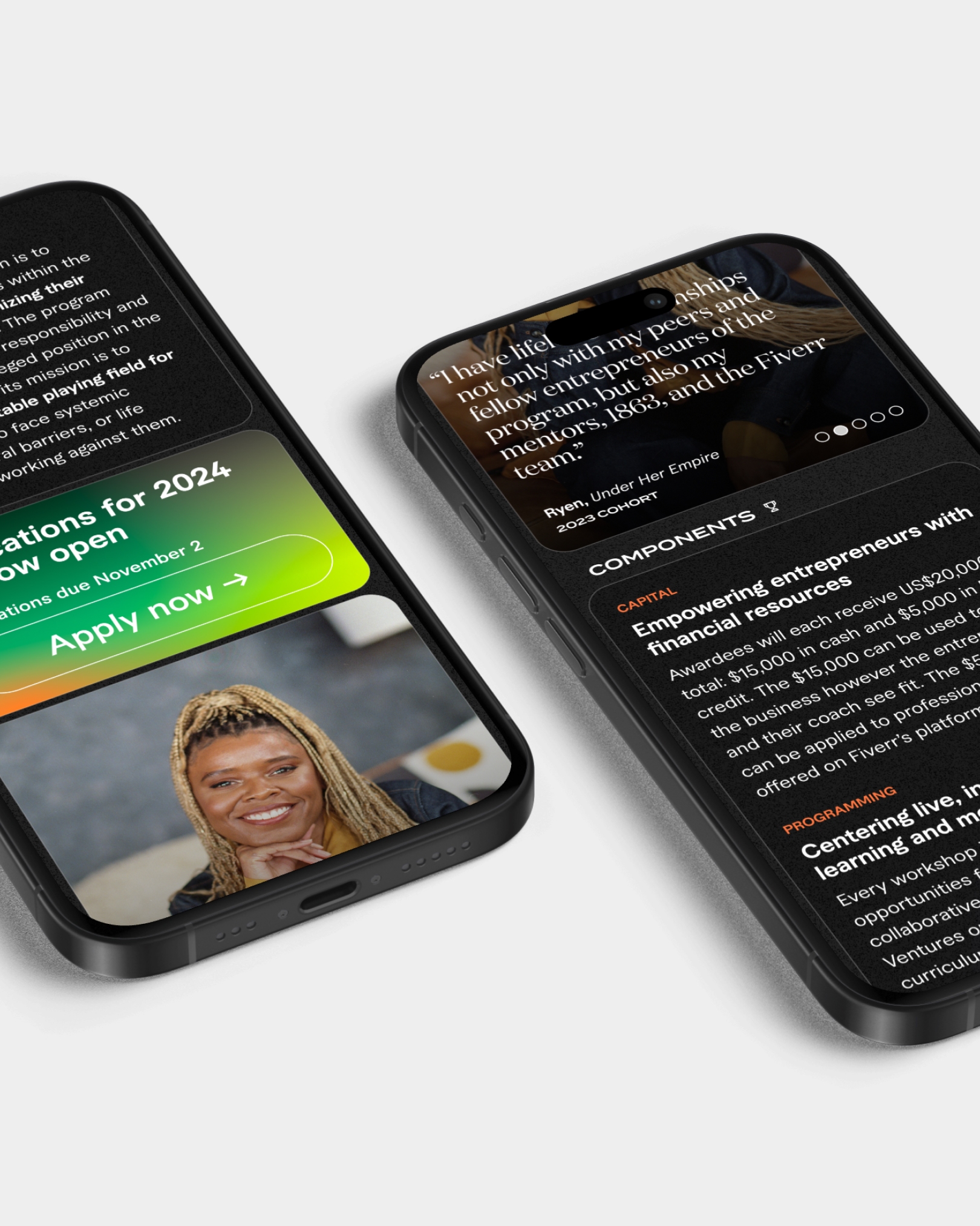 Three Future Collective brand posters in a row: purple-to-yellow gradient with orbit lines, radiating lines on green-orange grain, and dark starfield with gold particles and white lockup type