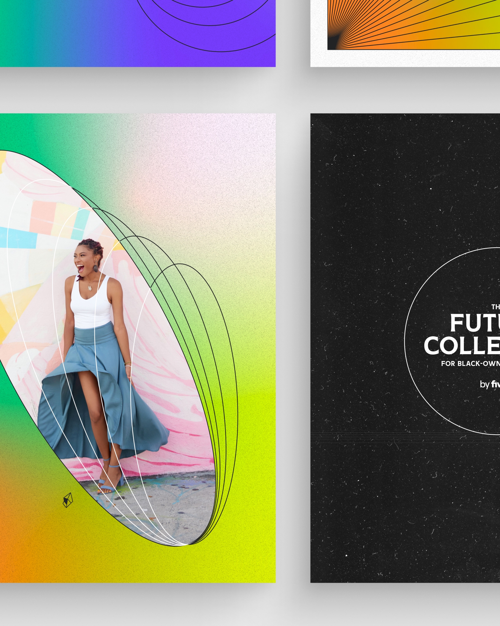 Four-tile graphic: grainy emerald-to-pink gradient with oval portrait, charcoal Future Collective typographic circle, blue-purple concentric line art, and radiating orange sunburst