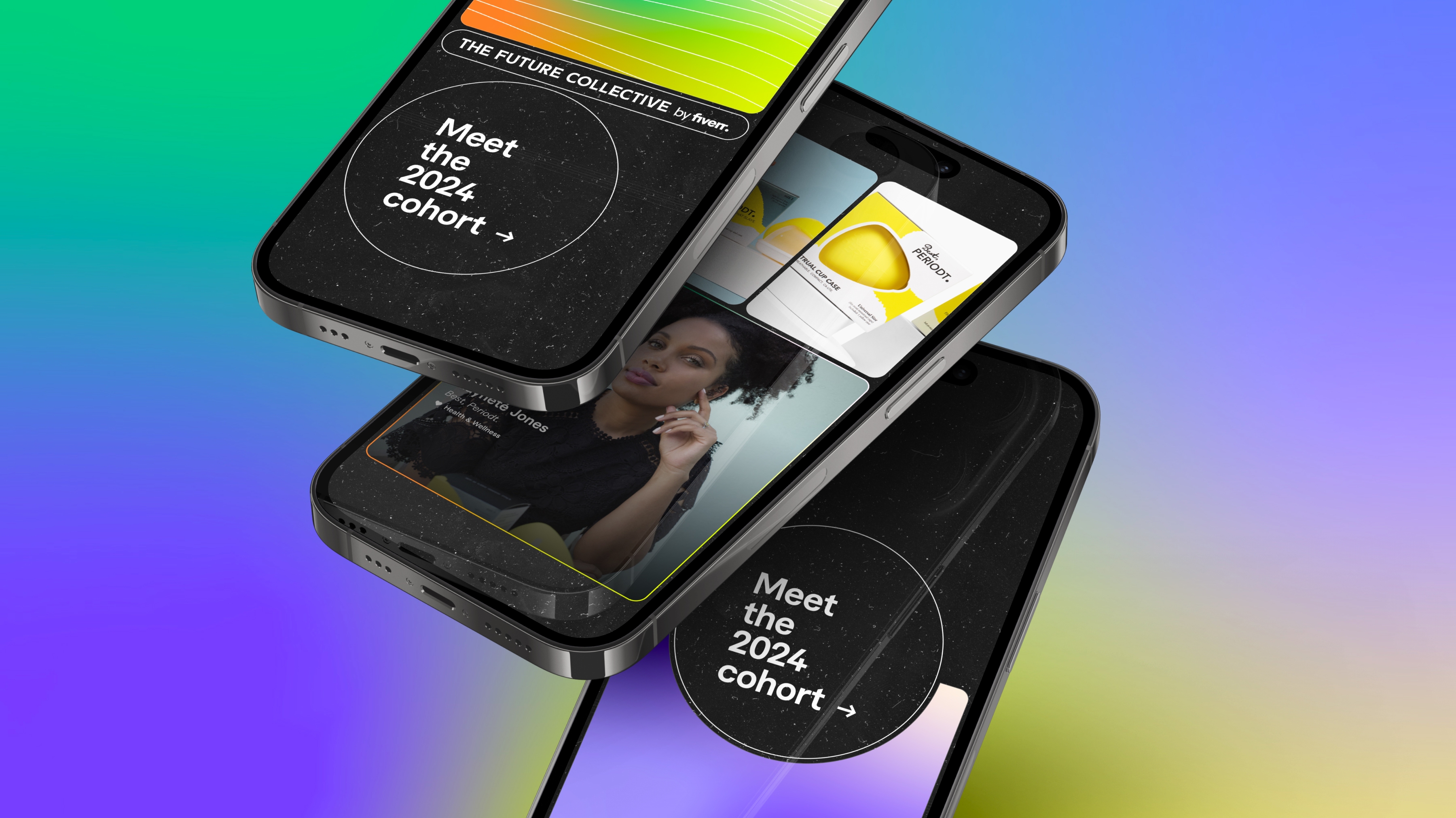 Three angled iPhones on a gradient: Meet the 2024 cohort hero, cohort grid with founder cards including Periodt, and repeating CTA section