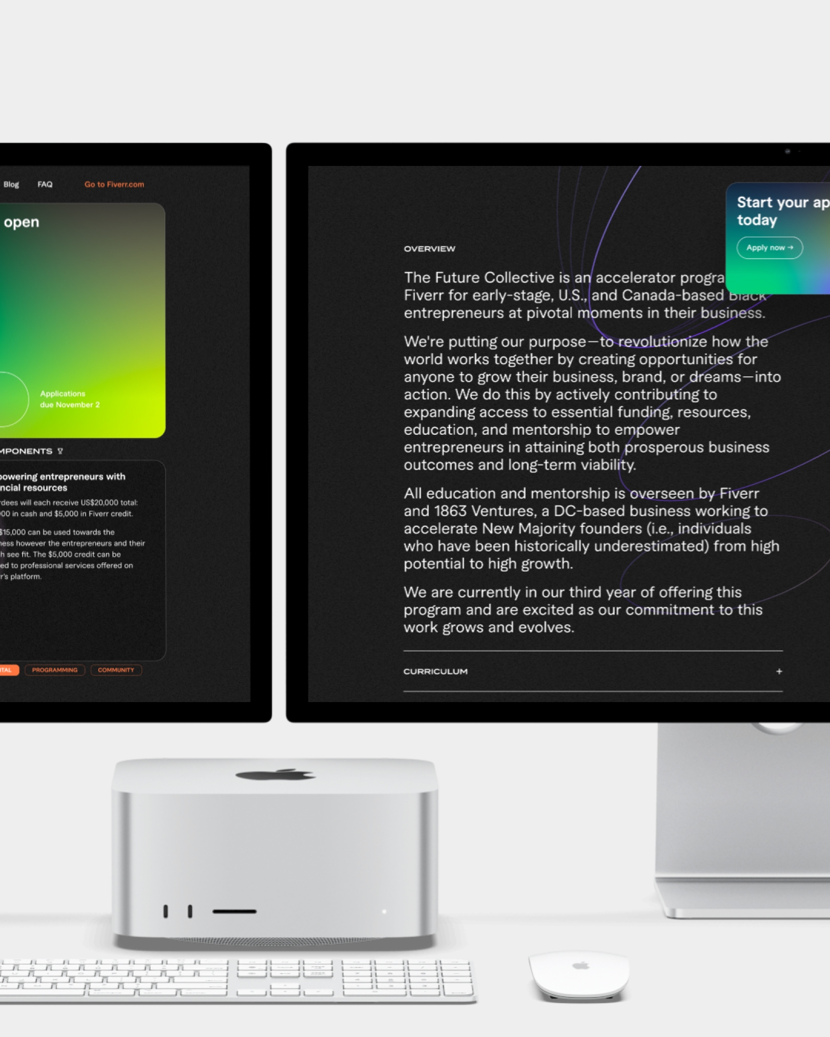 Two angled iPhones: mission copy and green gradient Apply card with portrait photo; quote carousel and COMPONENTS with Capital and Programming