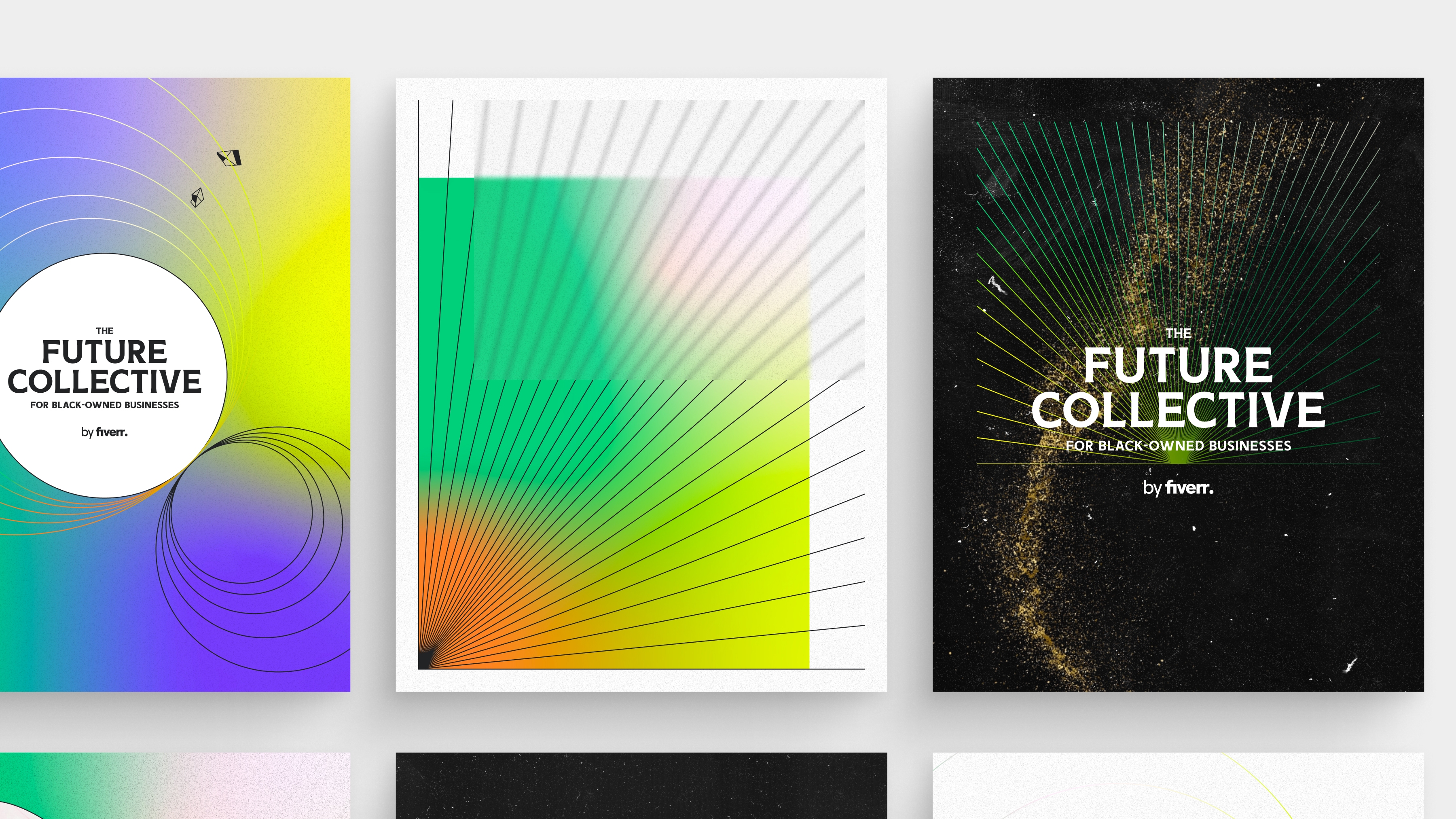 Four-panel mood board: grainy gradients, elliptical photo frame, Future Collective typographic lockup, and radiating line art