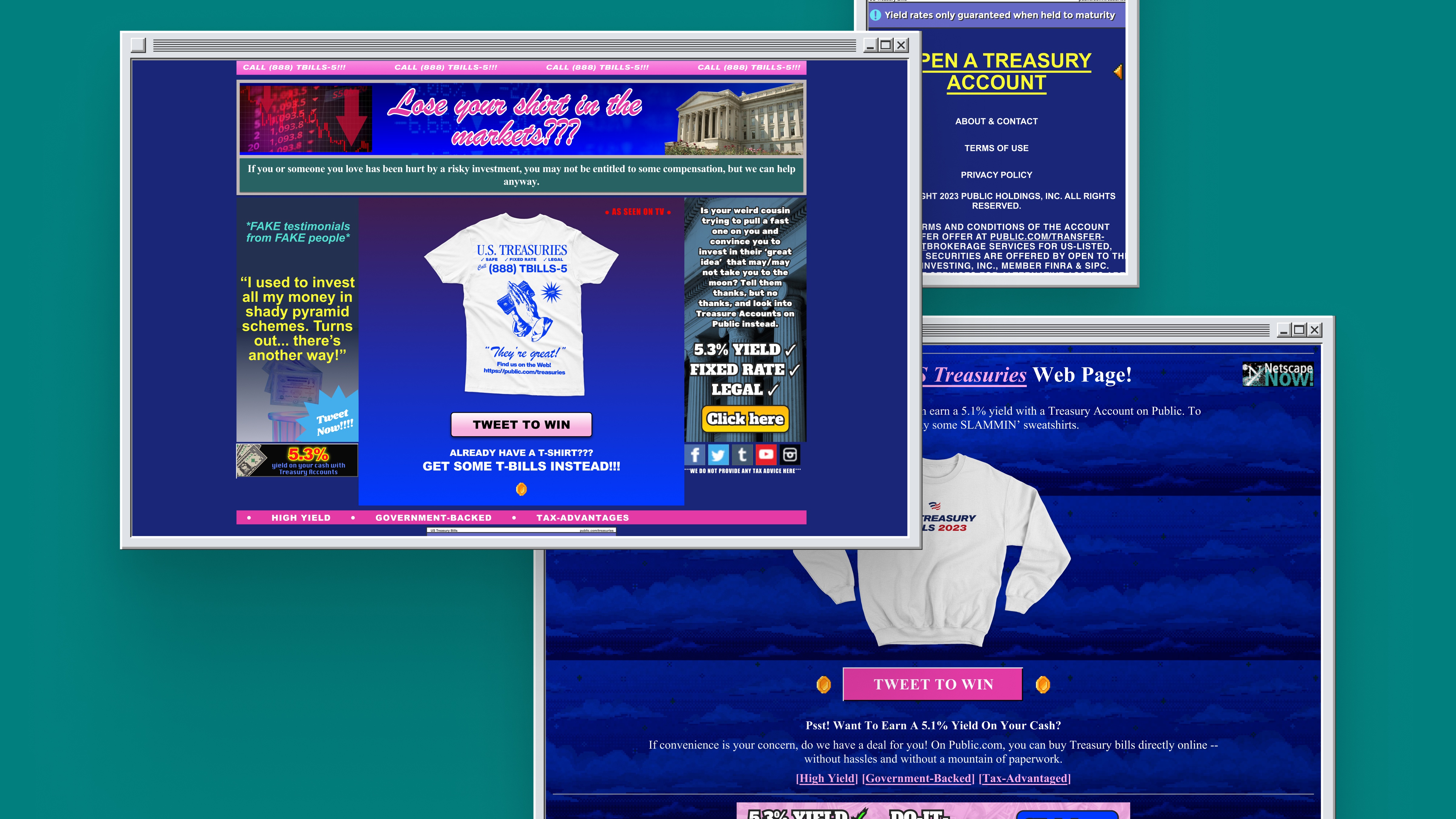 Treasuries launch campaign hero: bold typography and dot-com era web styling on Public