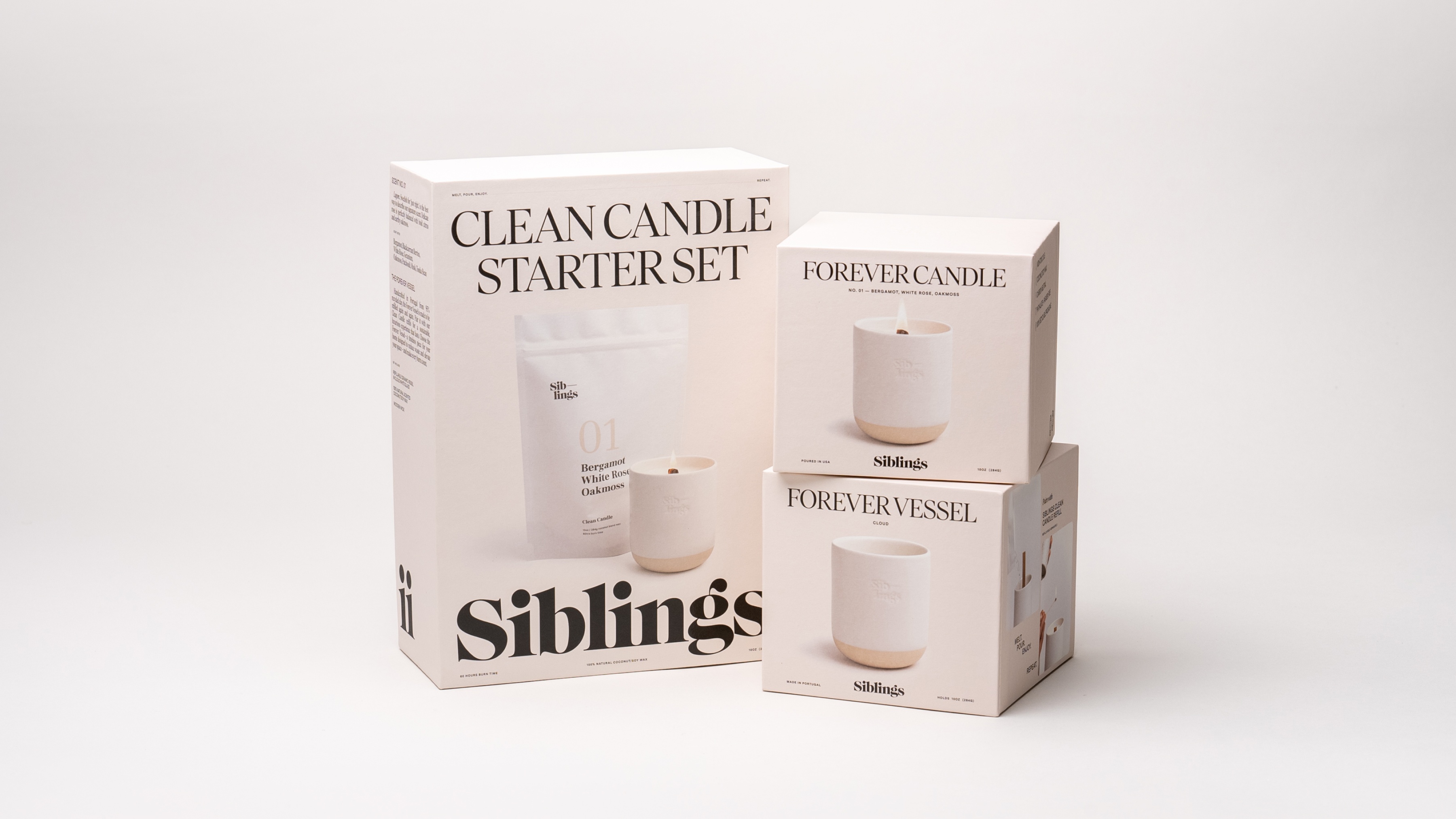 Siblings product packaging: Clean Candle Starter Set, Forever Candle and Forever Vessel boxes with ceramic vessels